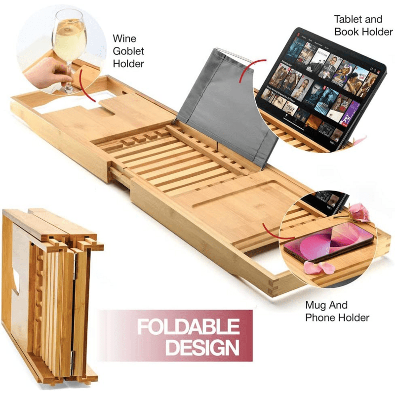 Wholesale Bathtub Tray Caddy - Foldable Waterproof Bath Tray & Bath Caddy Wooden Tub Organizer & Holder for Wine, Book, Soap - Image 6